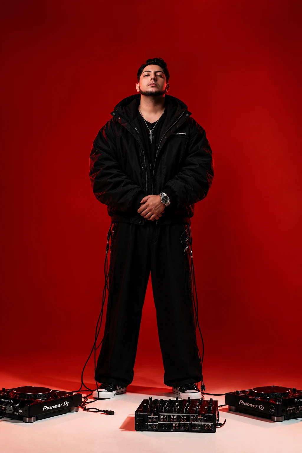 DJ SAVI em retrato profissional com equipamentos de DJ sobre fundo vermelho